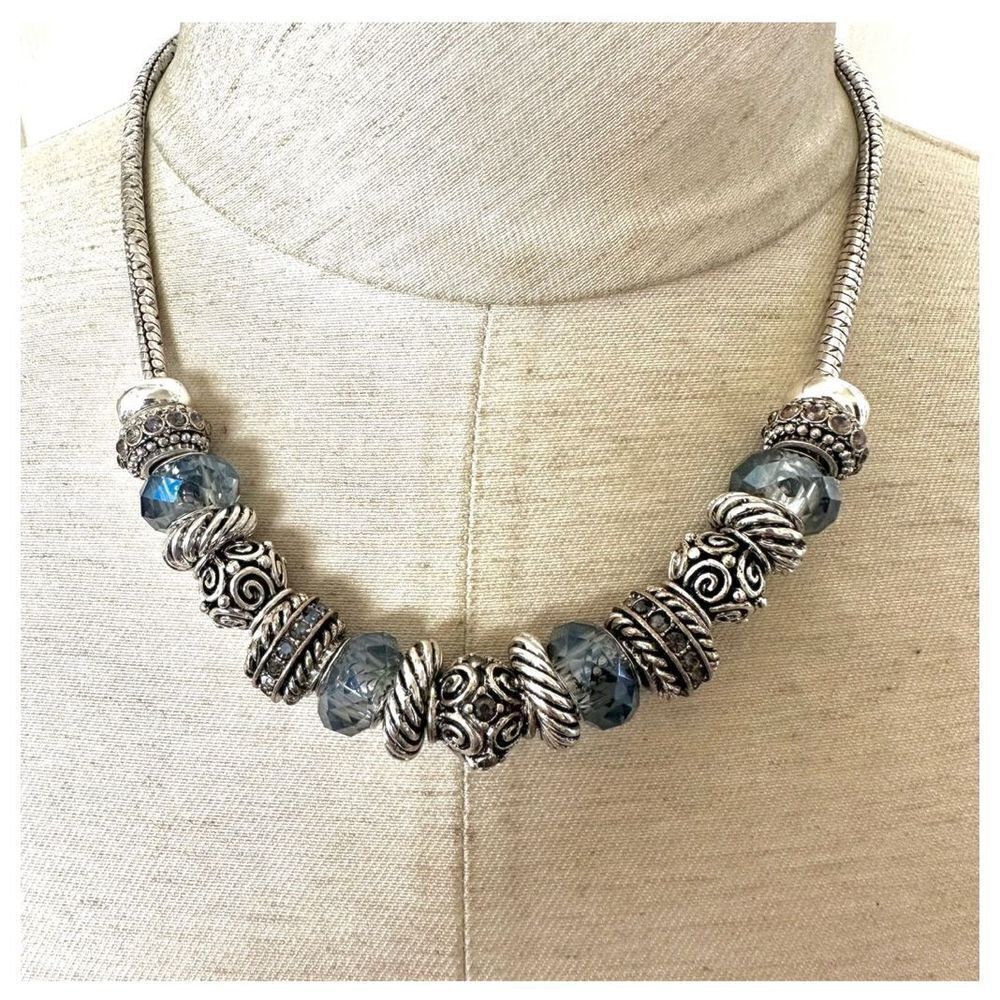 Silver tone and blue beaded  necklace